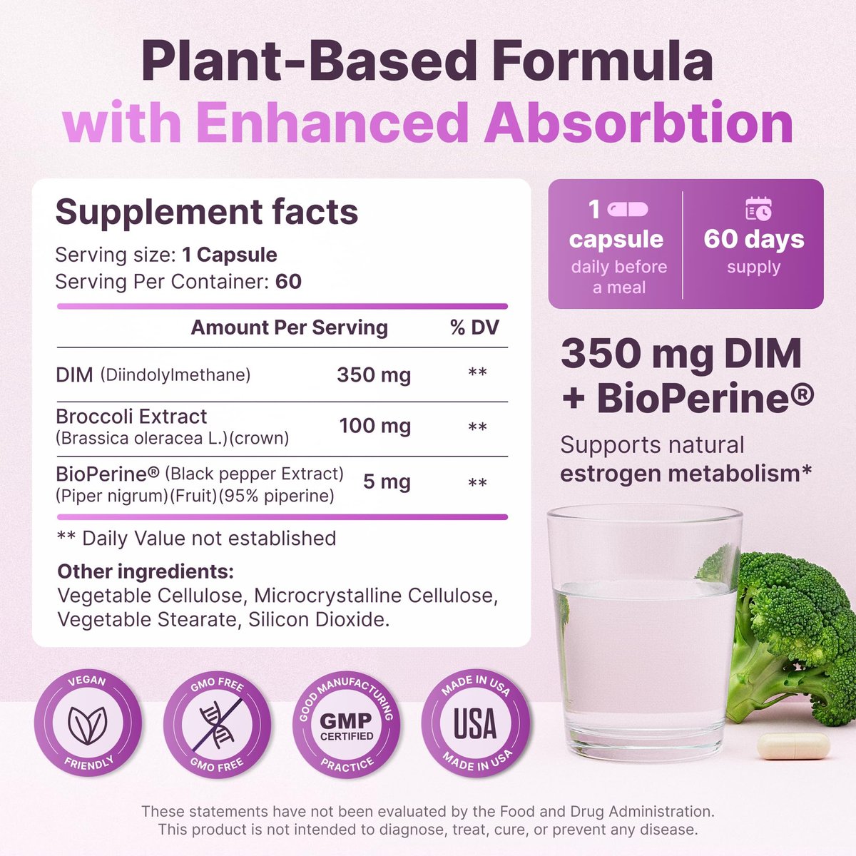DIM für Frauen 350 mg Hochdosiert mit BioPerine® & Brokkoli-Extrakt – 455 mg Gesamtkomplex für Hormonbalance, Östrogenstoffwechsel, PMS & Wechseljahre Unterstützung, reine Haut & Frauenwohlbefinden, 60 Kapseln