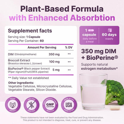 DIM für Frauen 350 mg Hochdosiert mit BioPerine® & Brokkoli-Extrakt – 455 mg Gesamtkomplex für Hormonbalance, Östrogenstoffwechsel, PMS & Wechseljahre Unterstützung, reine Haut & Frauenwohlbefinden, 60 Kapseln
