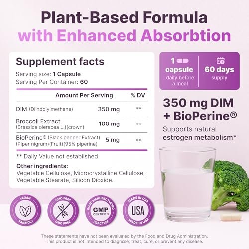 DIM für Frauen 350 mg Hochdosiert mit BioPerine® & Brokkoli-Extrakt – 455 mg Gesamtkomplex für Hormonbalance, Östrogenstoffwechsel, PMS & Wechseljahre Unterstützung, reine Haut & Frauenwohlbefinden, 60 Kapseln