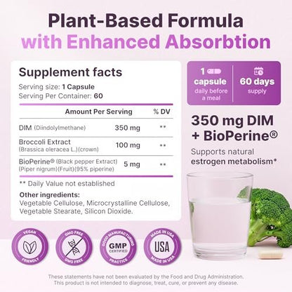 DIM für Frauen 350 mg Hochdosiert mit BioPerine® & Brokkoli-Extrakt – 455 mg Gesamtkomplex für Hormonbalance, Östrogenstoffwechsel, PMS & Wechseljahre Unterstützung, reine Haut & Frauenwohlbefinden, 60 Kapseln