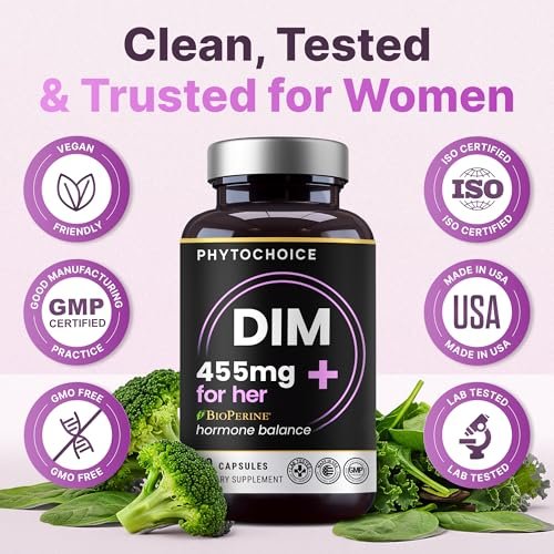 DIM für Frauen 350 mg Hochdosiert mit BioPerine® & Brokkoli-Extrakt – 455 mg Gesamtkomplex für Hormonbalance, Östrogenstoffwechsel, PMS & Wechseljahre Unterstützung, reine Haut & Frauenwohlbefinden, 60 Kapseln