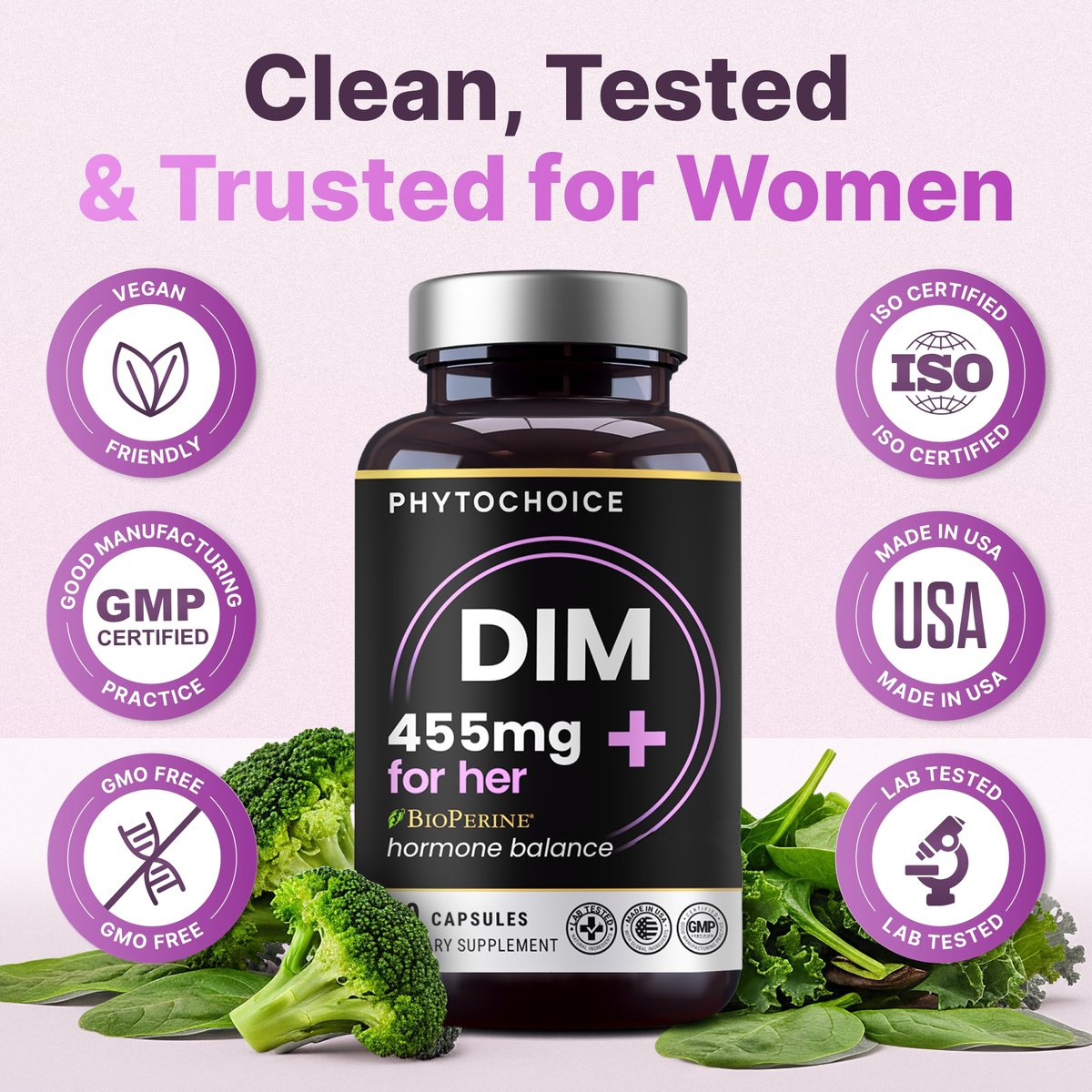 DIM für Frauen 350 mg Hochdosiert mit BioPerine® & Brokkoli-Extrakt – 455 mg Gesamtkomplex für Hormonbalance, Östrogenstoffwechsel, PMS & Wechseljahre Unterstützung, reine Haut & Frauenwohlbefinden, 60 Kapseln