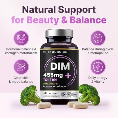 DIM für Frauen 350 mg Hochdosiert mit BioPerine® & Brokkoli-Extrakt – 455 mg Gesamtkomplex für Hormonbalance, Östrogenstoffwechsel, PMS & Wechseljahre Unterstützung, reine Haut & Frauenwohlbefinden, 60 Kapseln