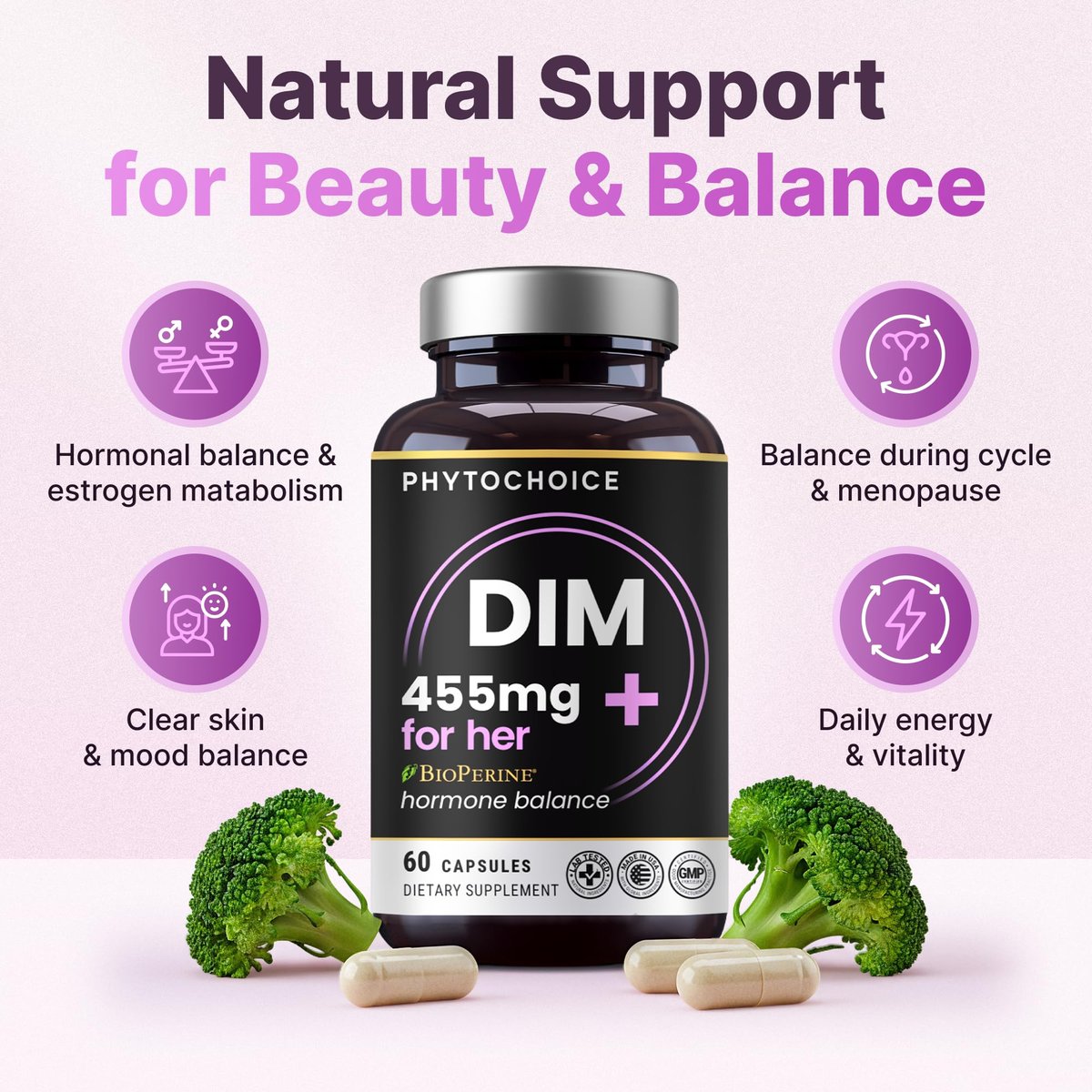 DIM für Frauen 350 mg Hochdosiert mit BioPerine® & Brokkoli-Extrakt – 455 mg Gesamtkomplex für Hormonbalance, Östrogenstoffwechsel, PMS & Wechseljahre Unterstützung, reine Haut & Frauenwohlbefinden, 60 Kapseln