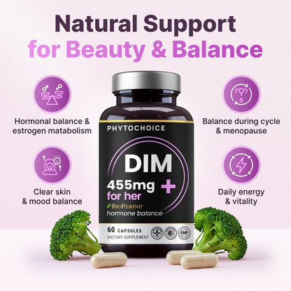 DIM für Frauen 350 mg Hochdosiert mit BioPerine® & Brokkoli-Extrakt – 455 mg Gesamtkomplex für Hormonbalance, Östrogenstoffwechsel, PMS & Wechseljahre Unterstützung, reine Haut & Frauenwohlbefinden, 60 Kapseln