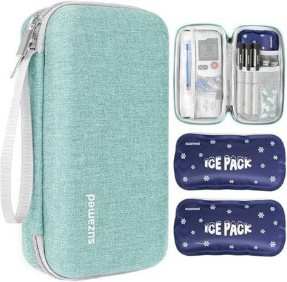 suzamed Insulin Kühlbox Reiseetui, EVA Isolierung Reise-Medizinkoffer mit 2 Kühlakkus für Diabetes-Pflege, Insulin-Pen und andere Diabetes-Zubehör (Grün)