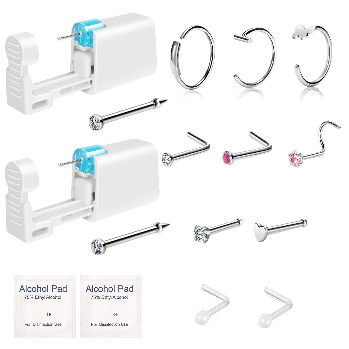 Makalong 2er-Pack Einweg-Nasenpiercing-Set, Nasenpiercing-Pistole, Selbstpiercing-Set für Nasenstecker und Nasenringe, hypoallergene Edelstahlstecker für empfindliche Haut