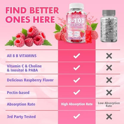 GrnLife Vitamin B Komplex Gummis – Alle B-Vitamine + Methyl B12, B1, B2, B3, B5, B6, Biotin, Methylfolat, Vitamin C, Cholin, Inositol, PABA für Energie & Immununterstützung, Himbeergeschmack, 60 Stück