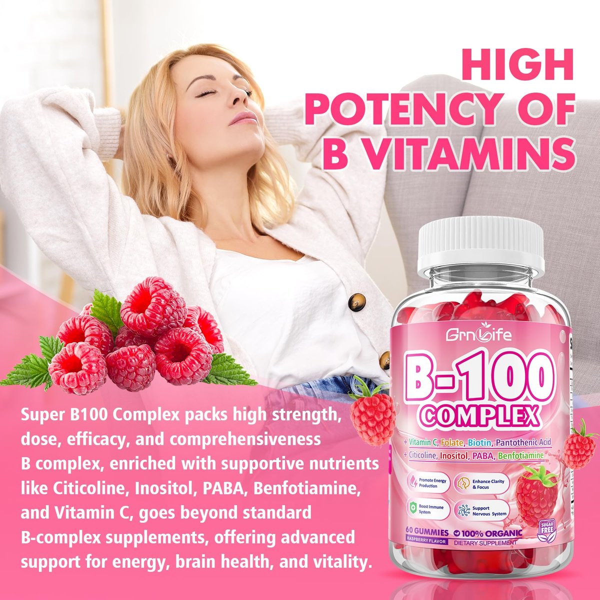 GrnLife Vitamin B Komplex Gummis – Alle B-Vitamine + Methyl B12, B1, B2, B3, B5, B6, Biotin, Methylfolat, Vitamin C, Cholin, Inositol, PABA für Energie & Immununterstützung, Himbeergeschmack, 60 Stück