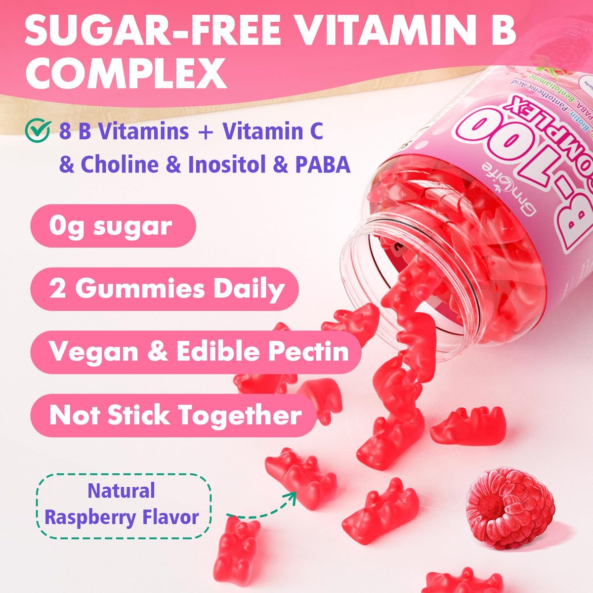 GrnLife Vitamin B Komplex Gummis – Alle B-Vitamine + Methyl B12, B1, B2, B3, B5, B6, Biotin, Methylfolat, Vitamin C, Cholin, Inositol, PABA für Energie & Immununterstützung, Himbeergeschmack, 60 Stück