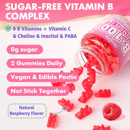 GrnLife Vitamin B Komplex Gummis – Alle B-Vitamine + Methyl B12, B1, B2, B3, B5, B6, Biotin, Methylfolat, Vitamin C, Cholin, Inositol, PABA für Energie & Immununterstützung, Himbeergeschmack, 60 Stück