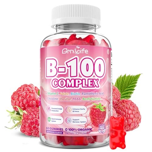 GrnLife Vitamin B Komplex Gummis – Alle B-Vitamine + Methyl B12, B1, B2, B3, B5, B6, Biotin, Methylfolat, Vitamin C, Cholin, Inositol, PABA für Energie & Immununterstützung, Himbeergeschmack, 60 Stück