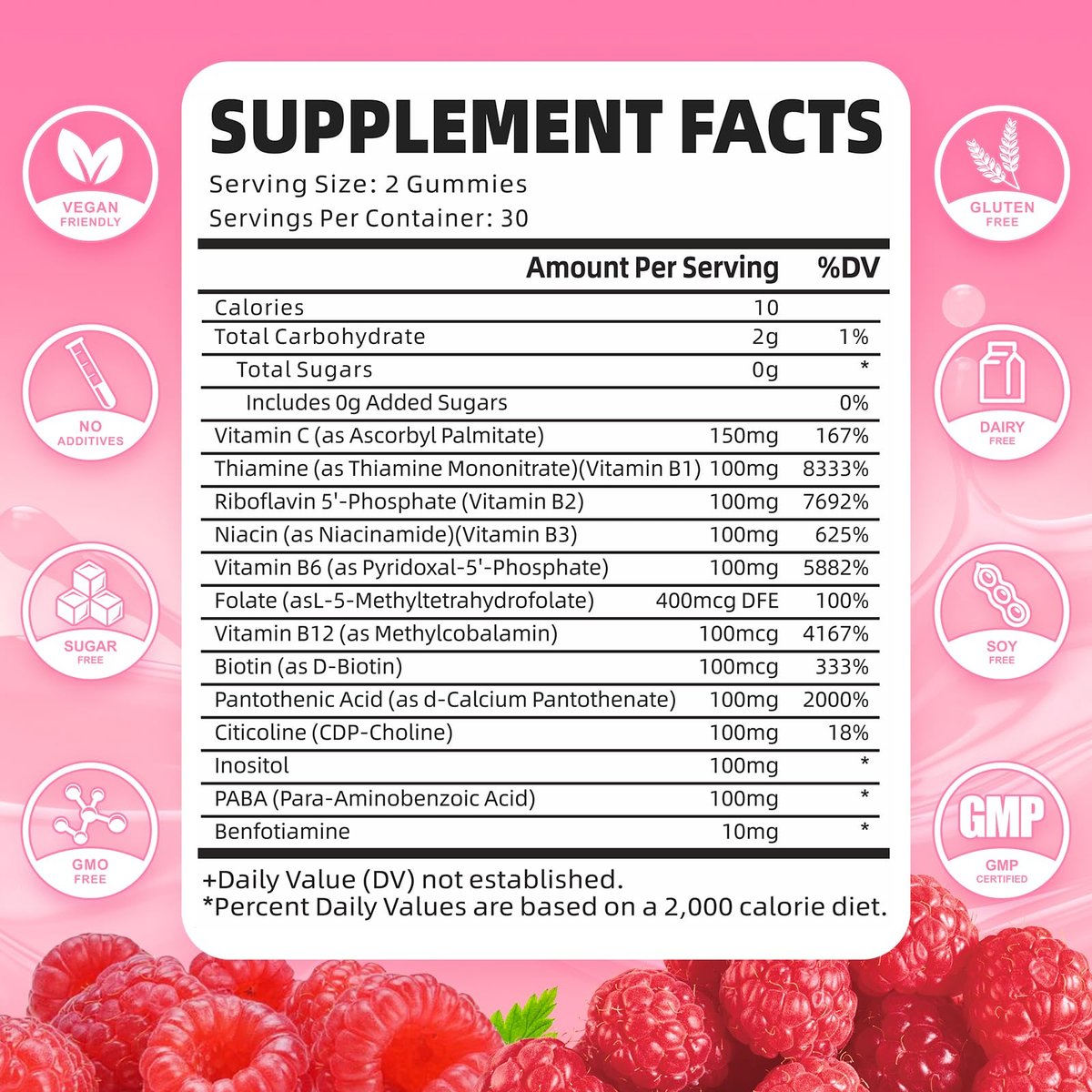 GrnLife Vitamin B Komplex Gummis – Alle B-Vitamine + Methyl B12, B1, B2, B3, B5, B6, Biotin, Methylfolat, Vitamin C, Cholin, Inositol, PABA für Energie & Immununterstützung, Himbeergeschmack, 60 Stück
