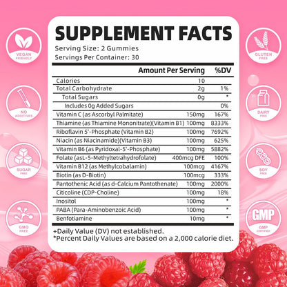 GrnLife Vitamin B Komplex Gummis – Alle B-Vitamine + Methyl B12, B1, B2, B3, B5, B6, Biotin, Methylfolat, Vitamin C, Cholin, Inositol, PABA für Energie & Immununterstützung, Himbeergeschmack, 60 Stück