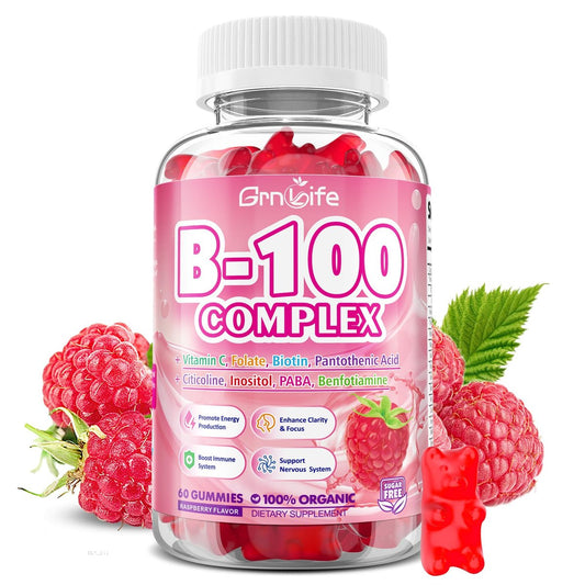 GrnLife Vitamin B Komplex Gummis – Alle B-Vitamine + Methyl B12, B1, B2, B3, B5, B6, Biotin, Methylfolat, Vitamin C, Cholin, Inositol, PABA für Energie & Immununterstützung, Himbeergeschmack, 60 Stück