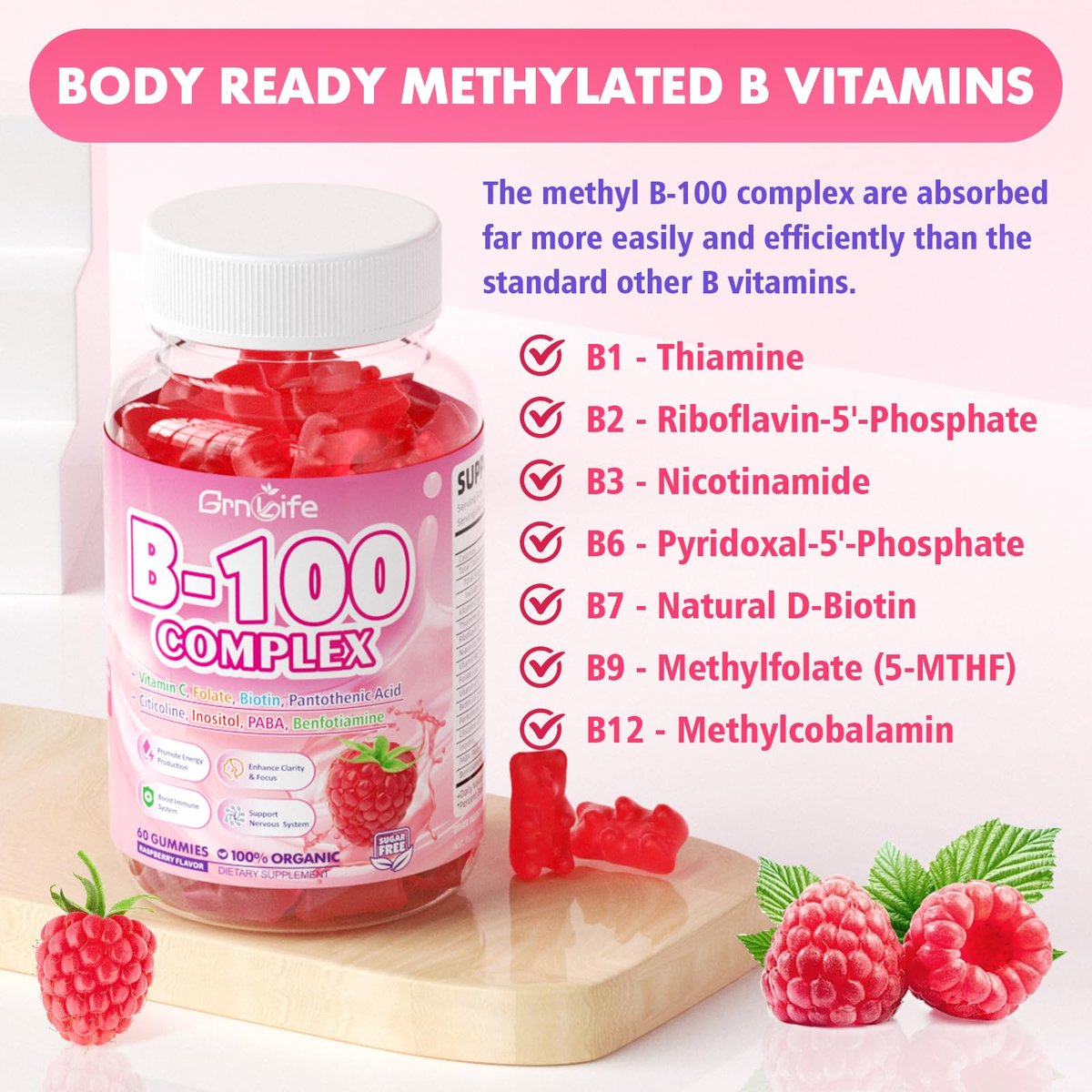 GrnLife Vitamin B Komplex Gummis – Alle B-Vitamine + Methyl B12, B1, B2, B3, B5, B6, Biotin, Methylfolat, Vitamin C, Cholin, Inositol, PABA für Energie & Immununterstützung, Himbeergeschmack, 60 Stück