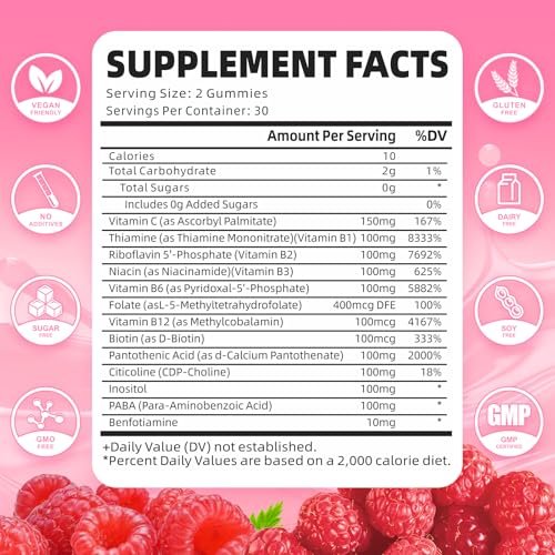 GrnLife Vitamin B Komplex Gummis – Alle B-Vitamine + Methyl B12, B1, B2, B3, B5, B6, Biotin, Methylfolat, Vitamin C, Cholin, Inositol, PABA für Energie & Immununterstützung, Himbeergeschmack, 60 Stück