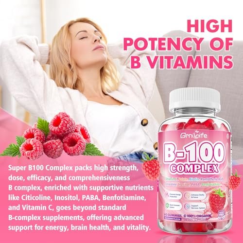 GrnLife Vitamin B Komplex Gummis – Alle B-Vitamine + Methyl B12, B1, B2, B3, B5, B6, Biotin, Methylfolat, Vitamin C, Cholin, Inositol, PABA für Energie & Immununterstützung, Himbeergeschmack, 60 Stück