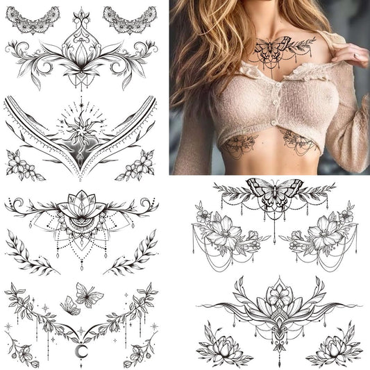 Tazimi 10 Blätter Große Schwarze Blumen Brust Unterbrust Temporäre Tattoos für Frauen & Taille Rücken Fake Tattoos für Mädchen Erwachsene, Realistische Mandala Blütenzweig Tattoo Aufkleber Körperkunst