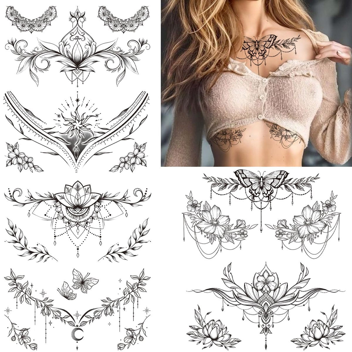 Tazimi 10 Blätter Große Schwarze Blumen Brust Unterbrust Temporäre Tattoos für Frauen & Taille Rücken Fake Tattoos für Mädchen Erwachsene, Realistische Mandala Blütenzweig Tattoo Aufkleber Körperkunst