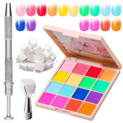 GELLAKTIK Ombre Gel Nagellack 16 Farben, UV/LED Aushärtend Neon Patting Gel mit Schwammapplikatoren für Blush Blooming Floral Aura French Maniküre DIY Nagelkunst Palette