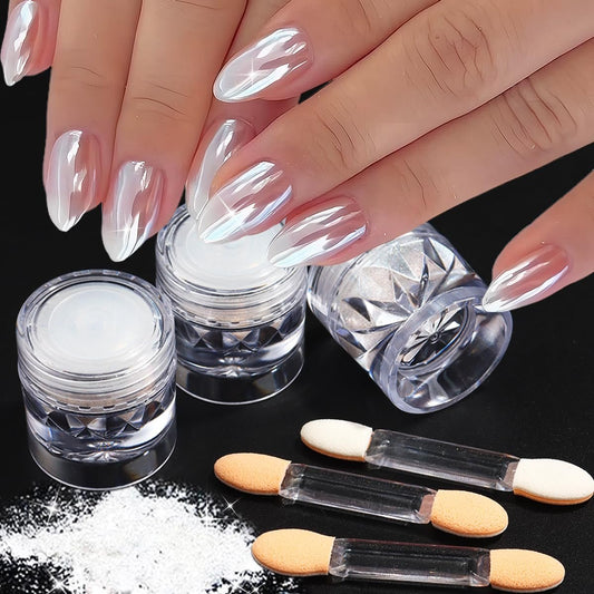 3er Set Mondweiß Perlen-Chrom-Nagelpuder, superglänzender klarer Spiegeleffekt holografischer Perlen-Nagelglitzer, Neon-Eis-Aurora-Schimmer-Zuckerpigment für Nagelkunst-Design