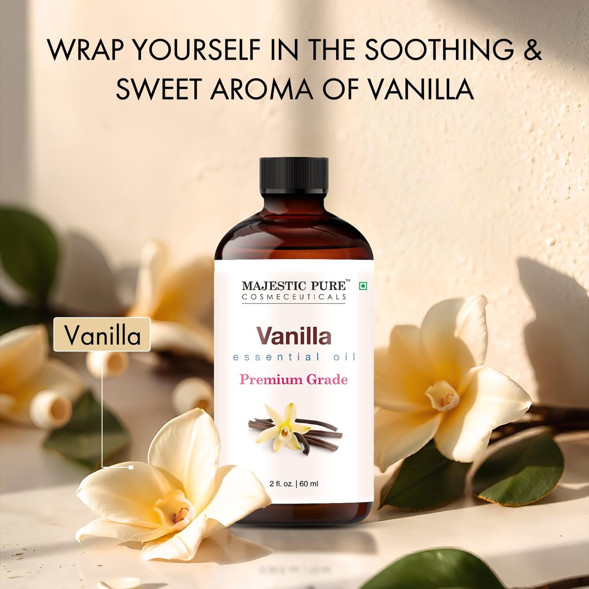 Majestic Pure Vanille Ätherisches Öl mit Glaspipette - 100% rein und natürlich - Ätherische Öle für Diffuser, Aromatherapie, Seifen- und Kerzenherstellung, 60 ml