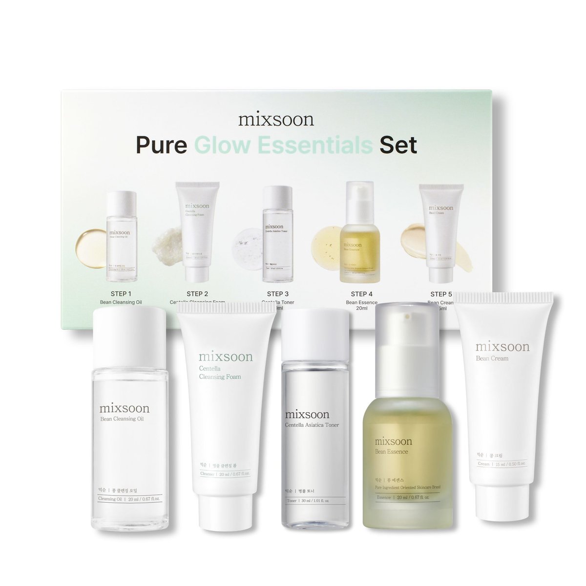 mixsoon Pure Glow Essentials Set – 5-Stufen Hautpflege-Set für Reise, Geschenkset für strahlende Haut (15ml*1+20ml*3+30ml*1) Koreanische Glas-Hautpflege