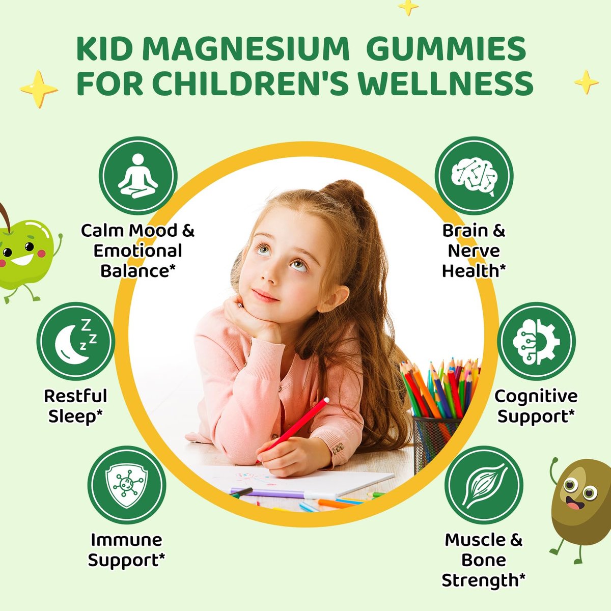 Hovika Magnesium Gummibärchen für Kinder – Magnesiumglycinat mit L-Theanin, Kamille & Multivitaminen für Schlaf, Ruhe & Konzentration – Grüner Apfel & Kiwi mit Füllung, 60 Stück