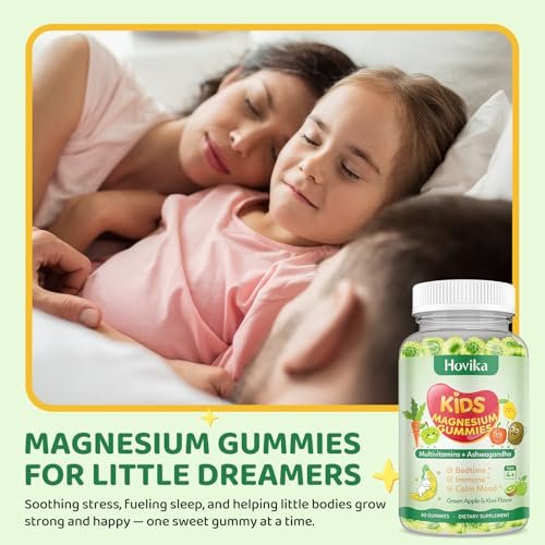 Hovika Magnesium Gummibärchen für Kinder – Magnesiumglycinat mit L-Theanin, Kamille & Multivitaminen für Schlaf, Ruhe & Konzentration – Grüner Apfel & Kiwi mit Füllung, 60 Stück