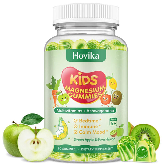 Hovika Magnesium Gummibärchen für Kinder – Magnesiumglycinat mit L-Theanin, Kamille & Multivitaminen für Schlaf, Ruhe & Konzentration – Grüner Apfel & Kiwi mit Füllung, 60 Stück