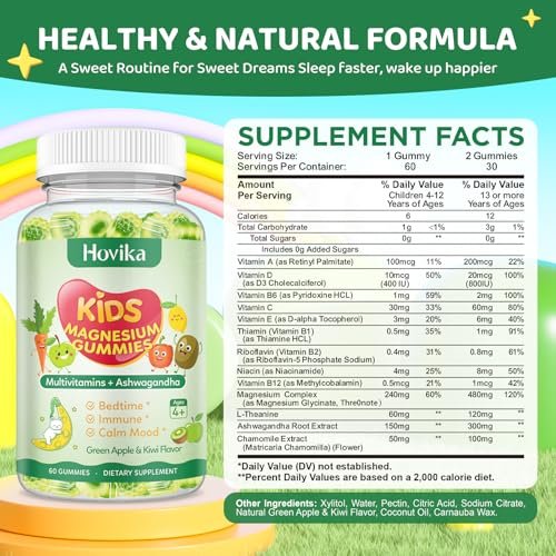 Hovika Magnesium Gummibärchen für Kinder – Magnesiumglycinat mit L-Theanin, Kamille & Multivitaminen für Schlaf, Ruhe & Konzentration – Grüner Apfel & Kiwi mit Füllung, 60 Stück