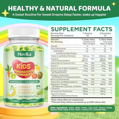 Hovika Magnesium Gummibärchen für Kinder – Magnesiumglycinat mit L-Theanin, Kamille & Multivitaminen für Schlaf, Ruhe & Konzentration – Grüner Apfel & Kiwi mit Füllung, 60 Stück