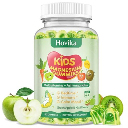 Hovika Magnesium Gummibärchen für Kinder – Magnesiumglycinat mit L-Theanin, Kamille & Multivitaminen für Schlaf, Ruhe & Konzentration – Grüner Apfel & Kiwi mit Füllung, 60 Stück
