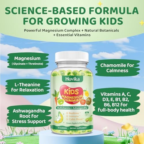 Hovika Magnesium Gummibärchen für Kinder – Magnesiumglycinat mit L-Theanin, Kamille & Multivitaminen für Schlaf, Ruhe & Konzentration – Grüner Apfel & Kiwi mit Füllung, 60 Stück