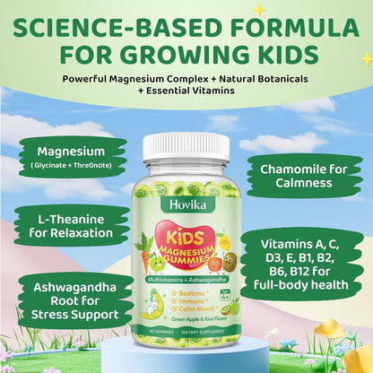 Hovika Magnesium Gummibärchen für Kinder – Magnesiumglycinat mit L-Theanin, Kamille & Multivitaminen für Schlaf, Ruhe & Konzentration – Grüner Apfel & Kiwi mit Füllung, 60 Stück