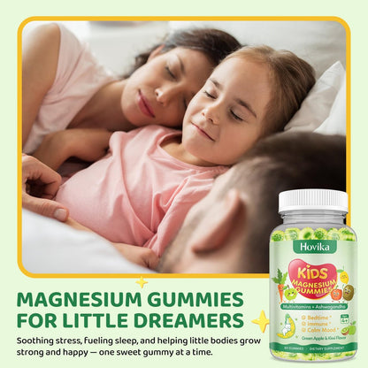 Hovika Magnesium Gummibärchen für Kinder – Magnesiumglycinat mit L-Theanin, Kamille & Multivitaminen für Schlaf, Ruhe & Konzentration – Grüner Apfel & Kiwi mit Füllung, 60 Stück