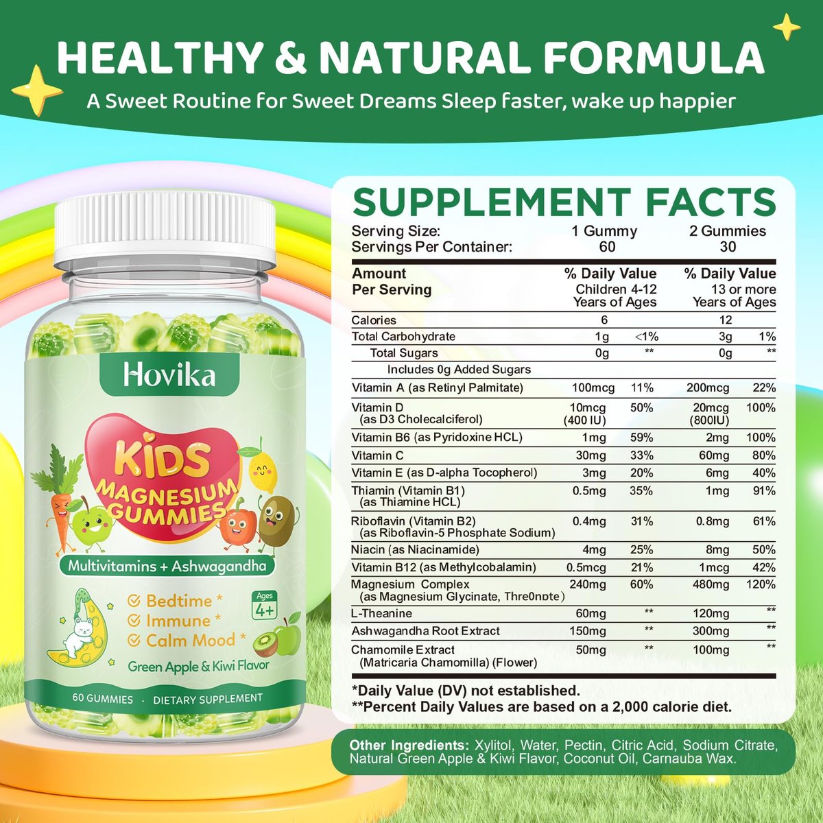 Hovika Magnesium Gummibärchen für Kinder – Magnesiumglycinat mit L-Theanin, Kamille & Multivitaminen für Schlaf, Ruhe & Konzentration – Grüner Apfel & Kiwi mit Füllung, 60 Stück