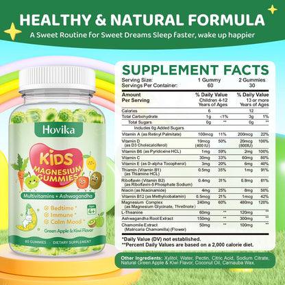 Hovika Magnesium Gummibärchen für Kinder – Magnesiumglycinat mit L-Theanin, Kamille & Multivitaminen für Schlaf, Ruhe & Konzentration – Grüner Apfel & Kiwi mit Füllung, 60 Stück