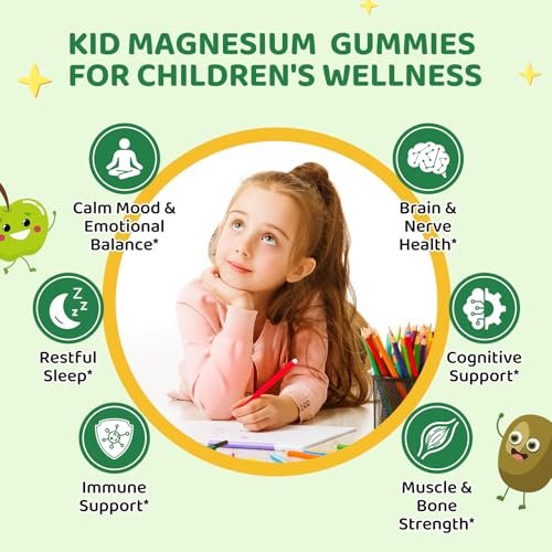 Hovika Magnesium Gummibärchen für Kinder – Magnesiumglycinat mit L-Theanin, Kamille & Multivitaminen für Schlaf, Ruhe & Konzentration – Grüner Apfel & Kiwi mit Füllung, 60 Stück