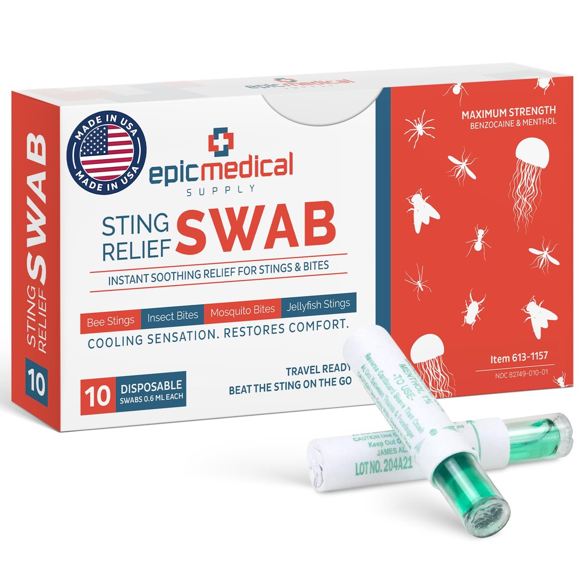 Epic Medical Supply Sting Relief Swab – Sofortige Linderung bei Mückenstichen & Insektenstichen – Max Stärke mit Benzocain & Menthol – 10 Einweg-Tupfer für Insektenstiche, Bienenstiche, Quallen und mehr