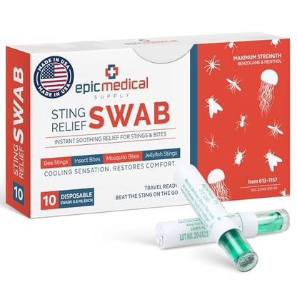 Epic Medical Supply Sting Relief Swab – Sofortige Linderung bei Mückenstichen & Insektenstichen – Max Stärke mit Benzocain & Menthol – 10 Einweg-Tupfer für Insektenstiche, Bienenstiche, Quallen und mehr