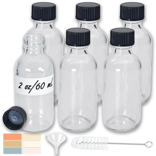 Miniatur-Glasflaschen 60 ml mit Verschluss (6er-Pack) – Auslaufsichere kleine Shotflaschen für ätherische Öle, Reisen, Wellness-Shots, Flüssigkeiten (klar, wiederverwendbar)
