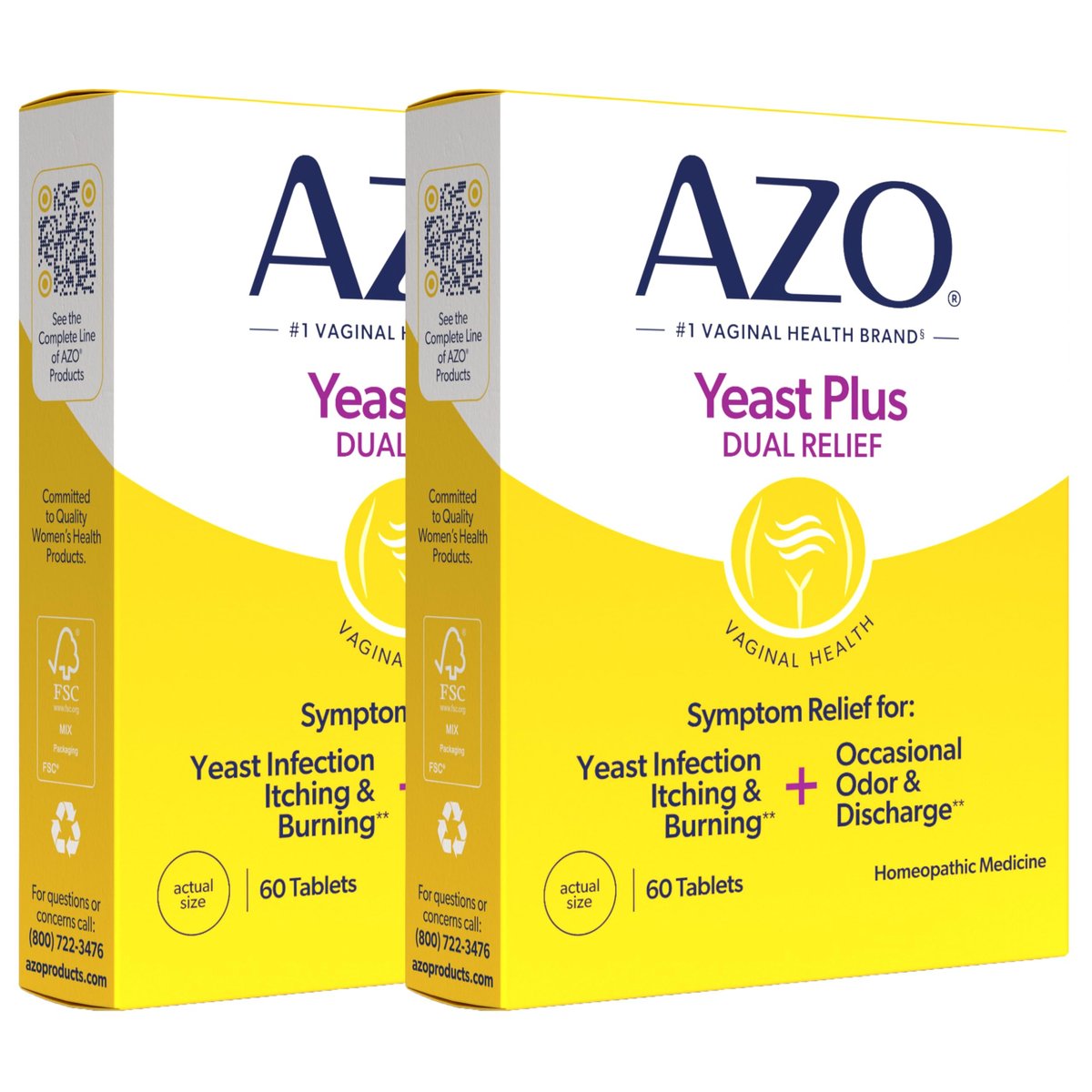 AZO Yeast Plus Dual Homöopathische Hefepilzinfektion Symptomlinderung für Frauen – Vaginaler Juckreiz & Brennen + Geruch & Ausfluss, Intimgesundheit Tabletten, 2er-Pack (60 Stück x2), von der #1 Vaginalgesundheitsmarke!