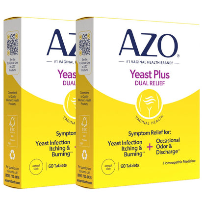 AZO Yeast Plus Dual Homöopathische Hefepilzinfektion Symptomlinderung für Frauen – Vaginaler Juckreiz & Brennen + Geruch & Ausfluss, Intimgesundheit Tabletten, 2er-Pack (60 Stück x2), von der #1 Vaginalgesundheitsmarke!