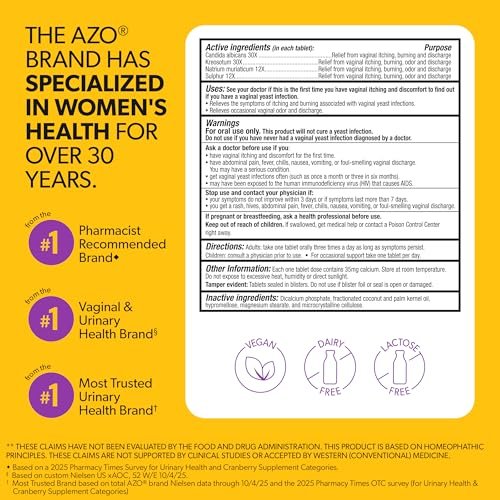 AZO Yeast Plus Dual Homöopathische Hefepilzinfektion Symptomlinderung für Frauen – Vaginaler Juckreiz & Brennen + Geruch & Ausfluss, Intimgesundheit Tabletten, 2er-Pack (60 Stück x2), von der #1 Vaginalgesundheitsmarke!