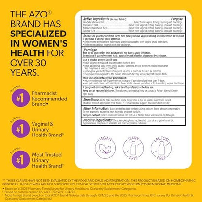 AZO Yeast Plus Dual Homöopathische Hefepilzinfektion Symptomlinderung für Frauen – Vaginaler Juckreiz & Brennen + Geruch & Ausfluss, Intimgesundheit Tabletten, 2er-Pack (60 Stück x2), von der #1 Vaginalgesundheitsmarke!