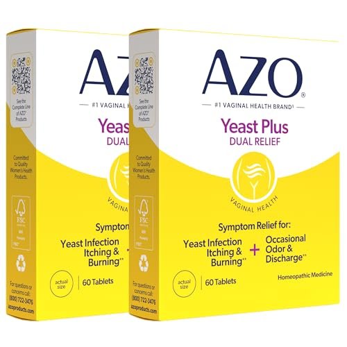 AZO Yeast Plus Dual Homöopathische Hefepilzinfektion Symptomlinderung für Frauen – Vaginaler Juckreiz & Brennen + Geruch & Ausfluss, Intimgesundheit Tabletten, 2er-Pack (60 Stück x2), von der #1 Vaginalgesundheitsmarke!