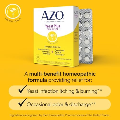 AZO Yeast Plus Dual Homöopathische Hefepilzinfektion Symptomlinderung für Frauen – Vaginaler Juckreiz & Brennen + Geruch & Ausfluss, Intimgesundheit Tabletten, 2er-Pack (60 Stück x2), von der #1 Vaginalgesundheitsmarke!