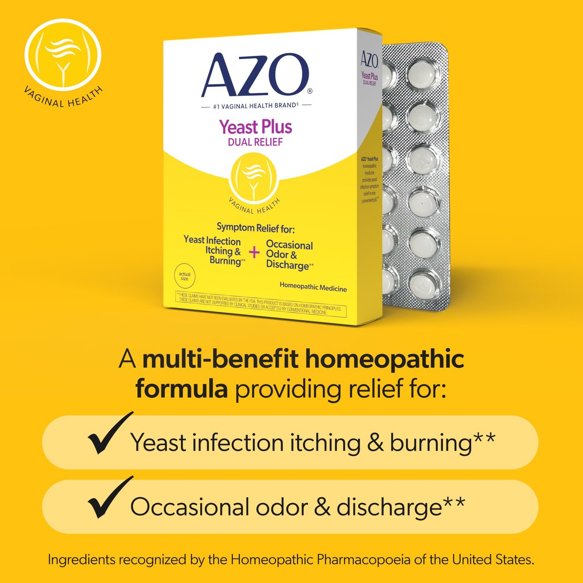 AZO Yeast Plus Dual Homöopathische Hefepilzinfektion Symptomlinderung für Frauen – Vaginaler Juckreiz & Brennen + Geruch & Ausfluss, Intimgesundheit Tabletten, 2er-Pack (60 Stück x2), von der #1 Vaginalgesundheitsmarke!